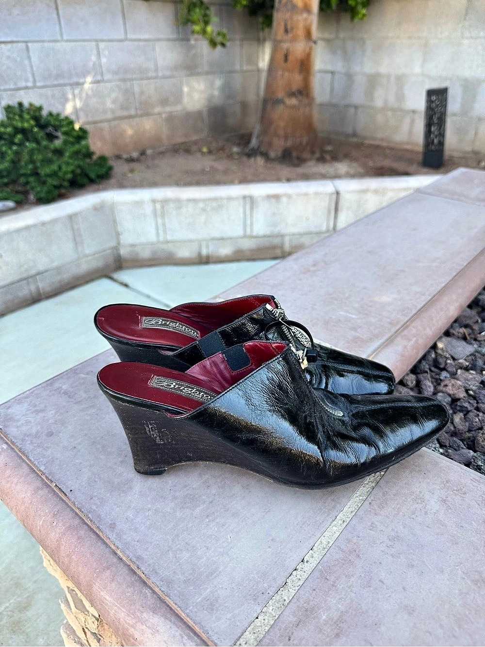 Brighton Rocker Wedge slip on Mules Black glossy leather made in Italy